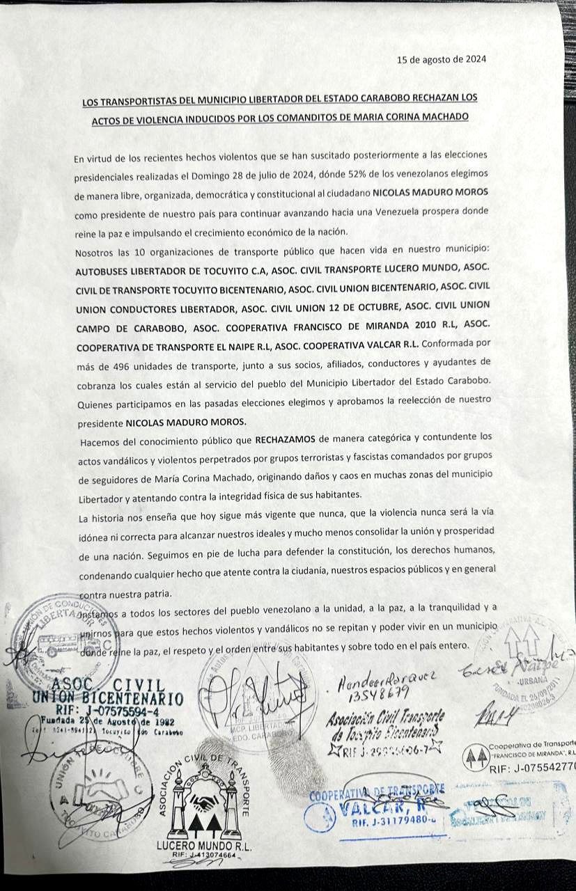 Transportistas del municipio Libertador rechazan la violencia de Comanditos