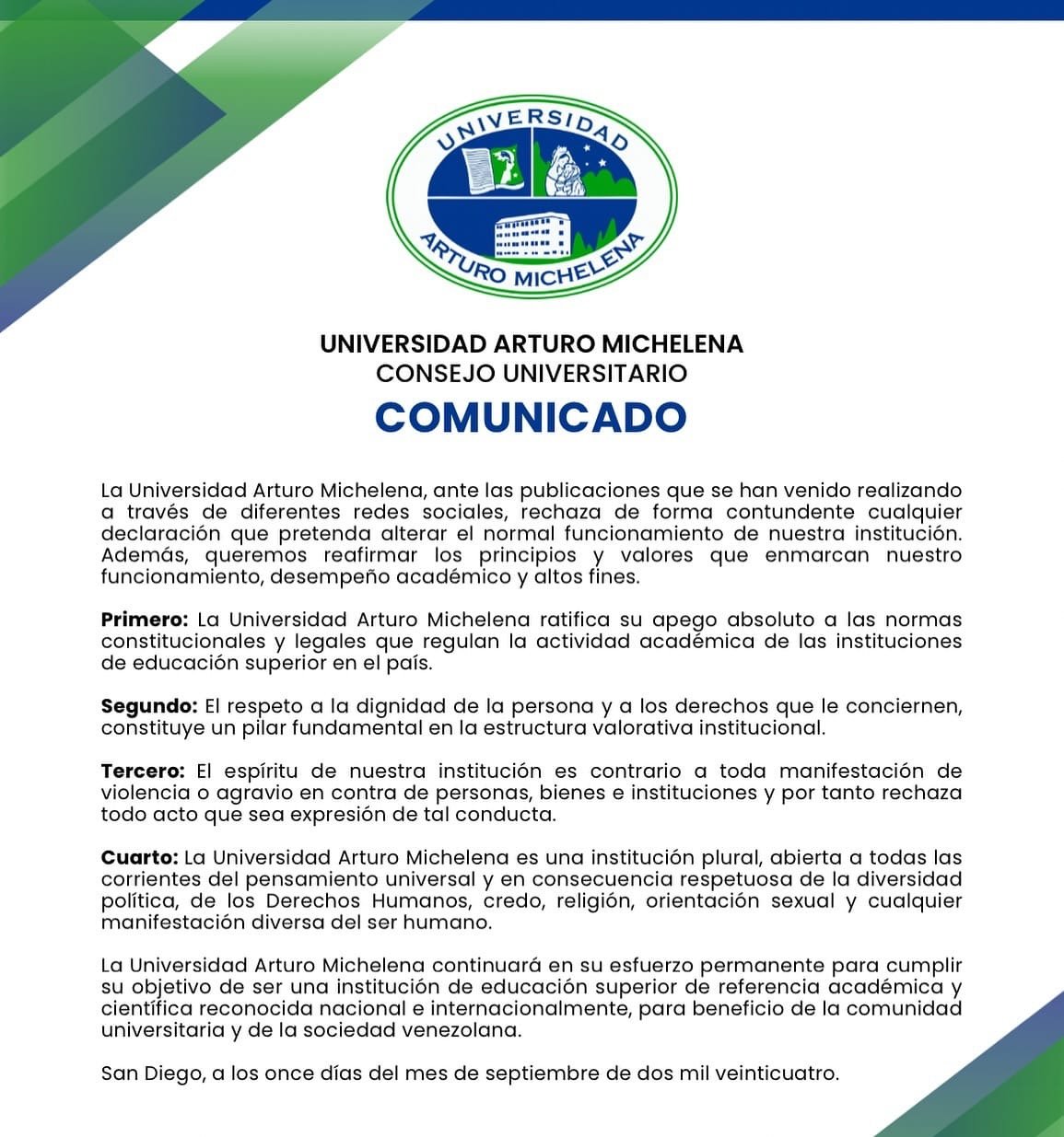 Comunicado de la Universidad Arturo Michelena