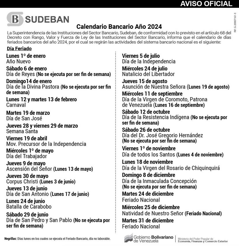 A continuación el Calendario Bancario del año 2024: